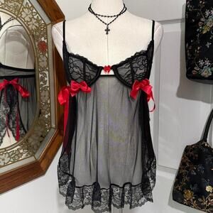 VTG Y2K Escante Collection Black Sheer Lace Mesh & Red Satin Bow Lingerie Slip
